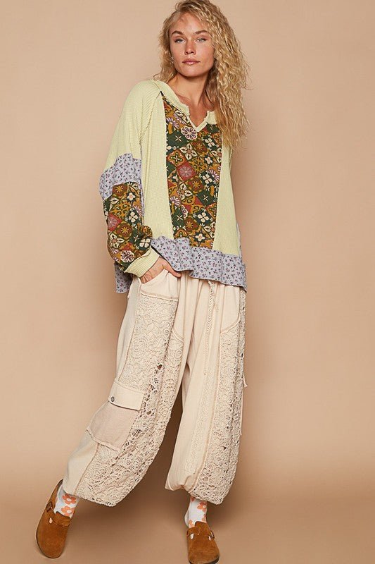 POL - Yellow Green Printed Patchwork Knit Top