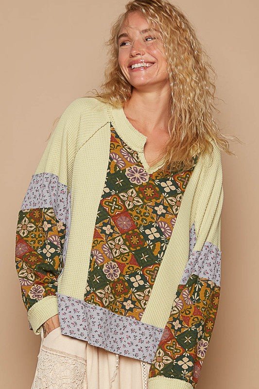 POL - Yellow Green Printed Patchwork Knit Top