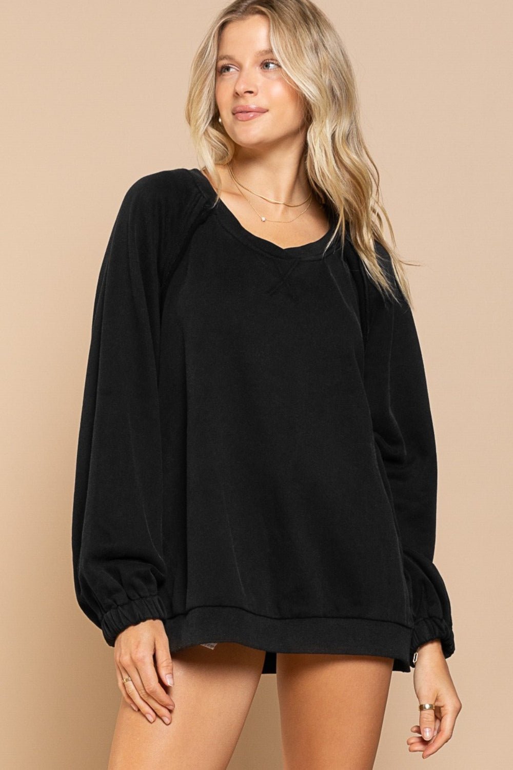 POLBack Cross Strap Detail Balloon Sleeve Sweatshirt in Black