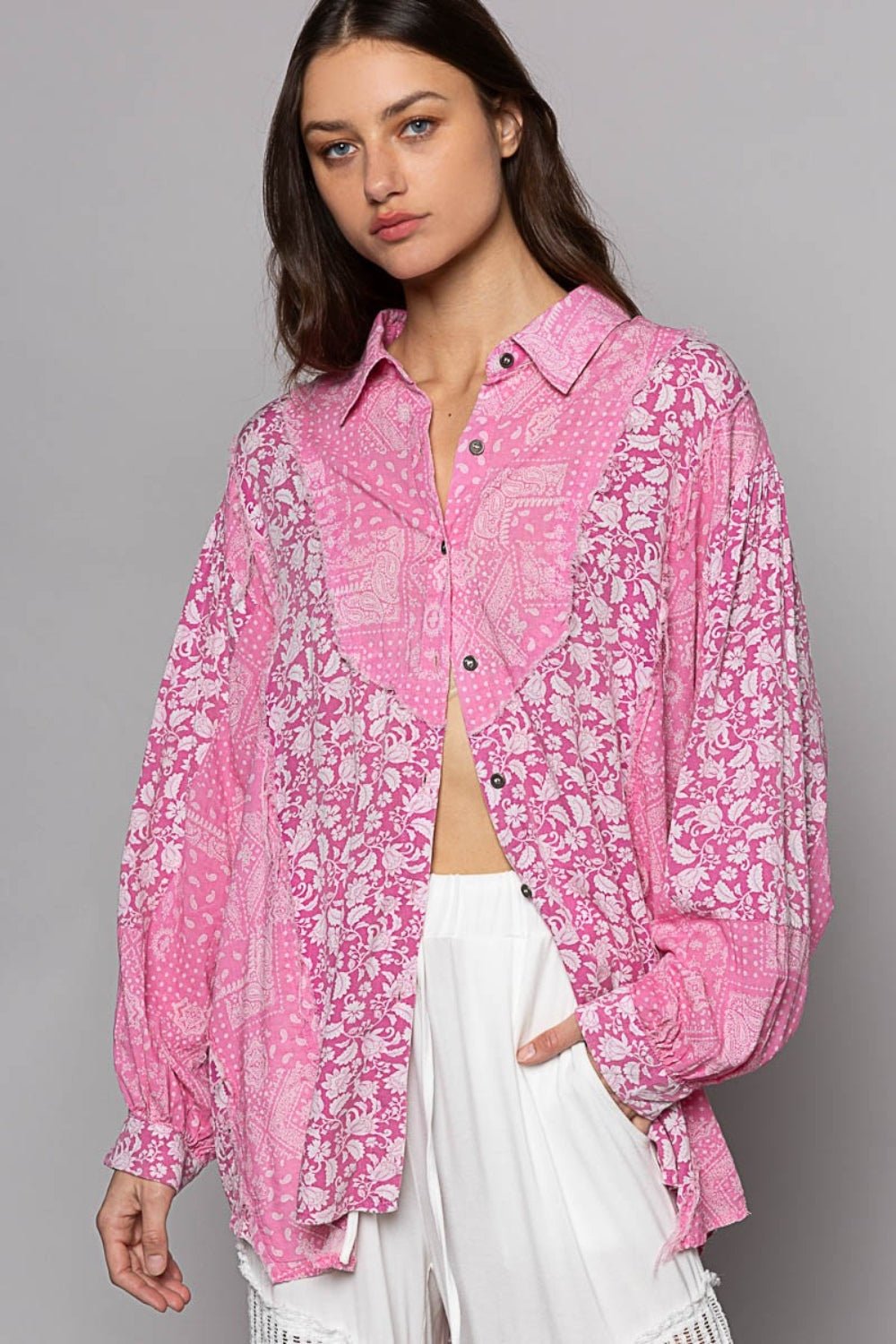 POLButton Down Long Sleeve Paisley Print Shirt in Pink