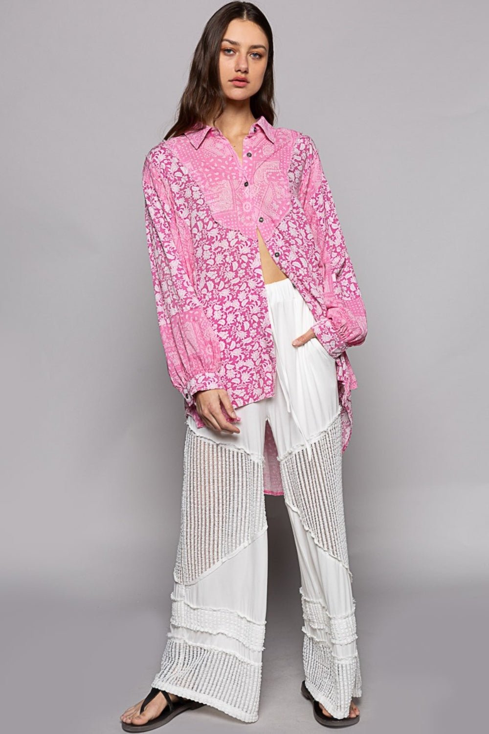 POLButton Down Long Sleeve Paisley Print Shirt in Pink