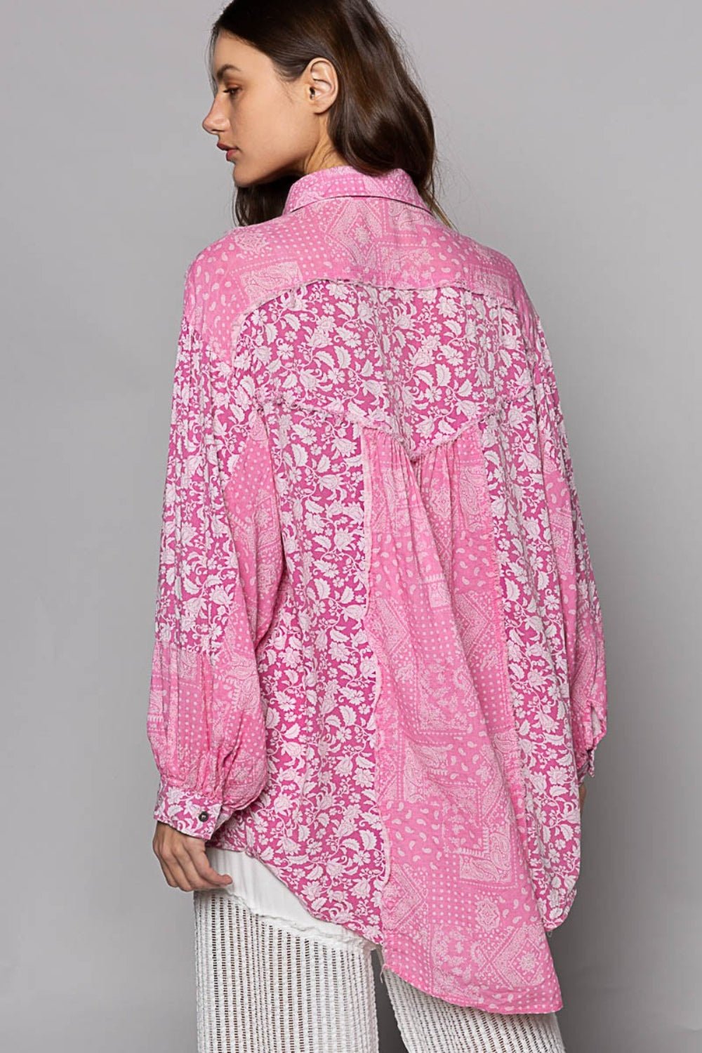 POLButton Down Long Sleeve Paisley Print Shirt in Pink