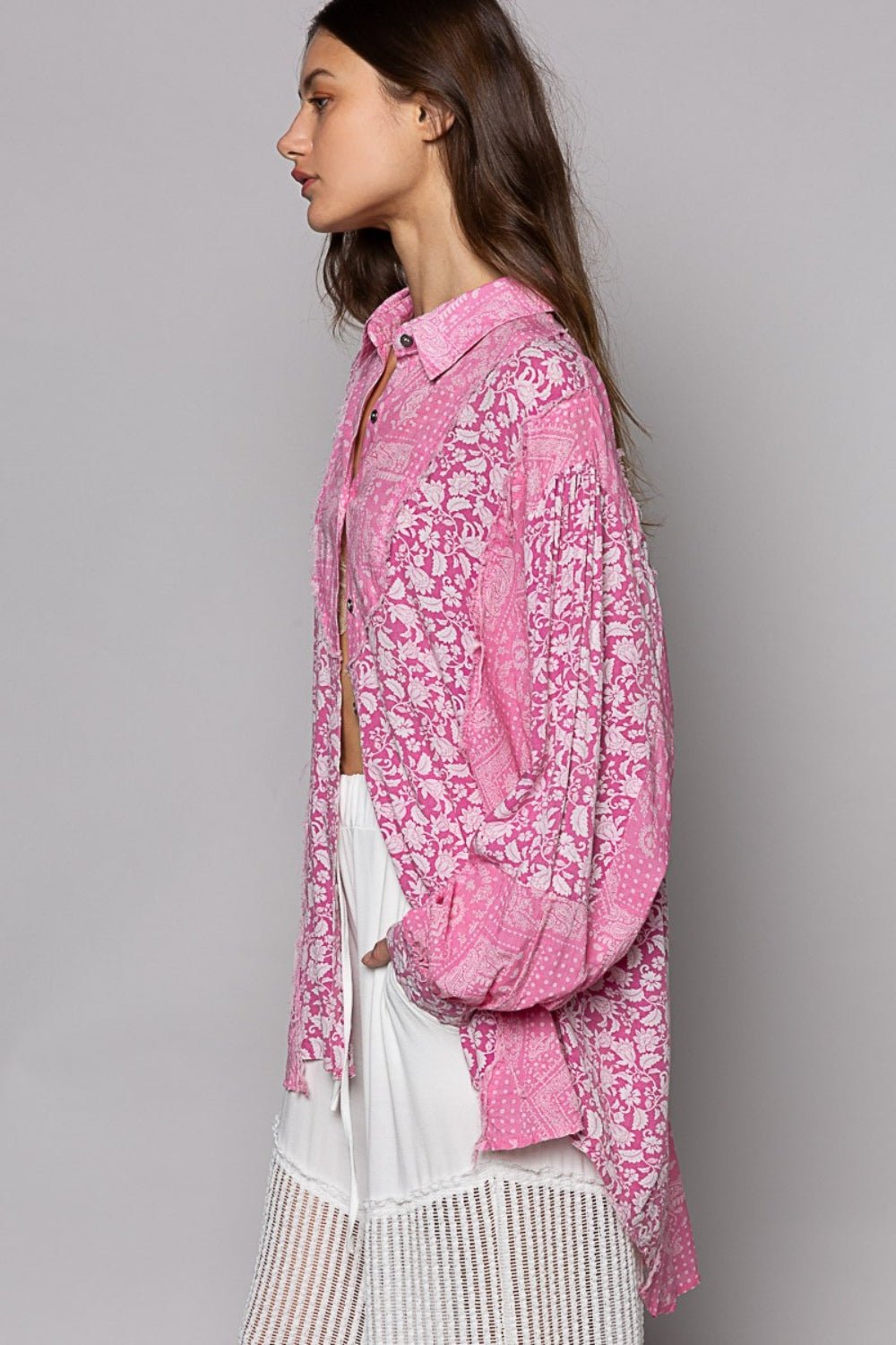 POLButton Down Long Sleeve Paisley Print Shirt in Pink