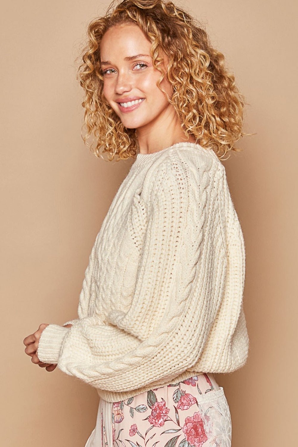 POLCable Knit Cutout Long Sleeve Sweater in Cream