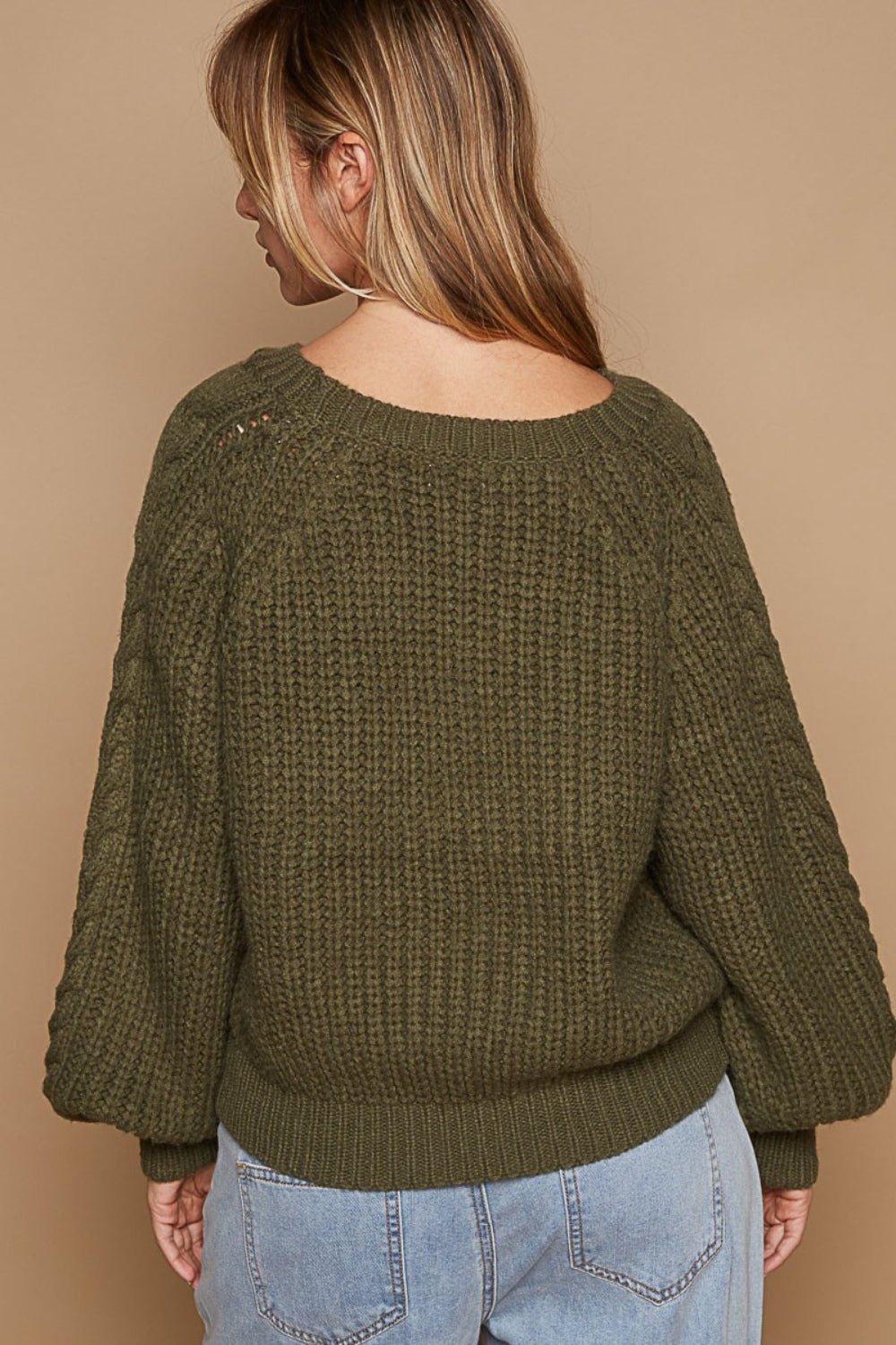 POLCable Knit Cutout Long Sleeve Sweater in Dried Olive