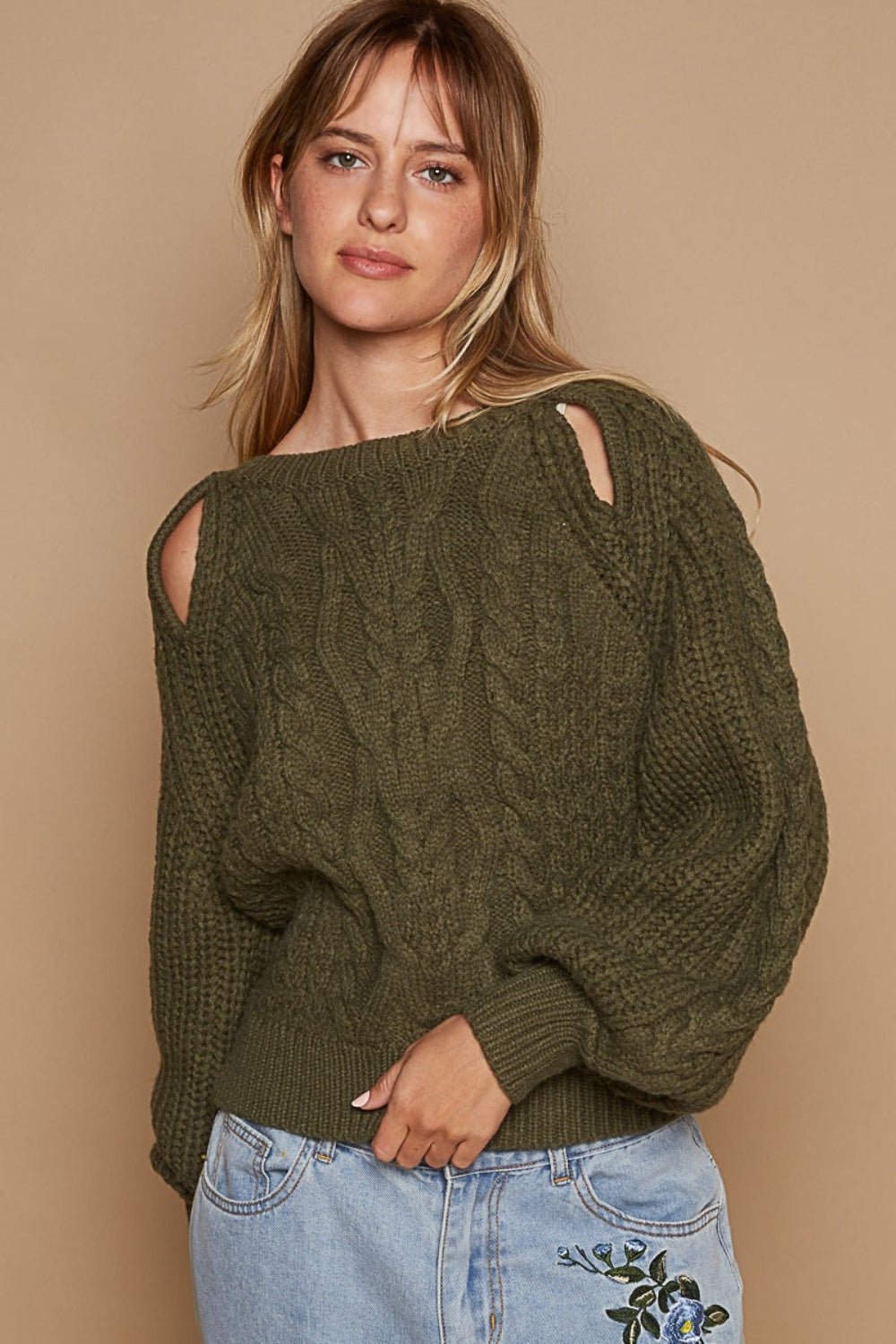 POLCable Knit Cutout Long Sleeve Sweater in Dried Olive