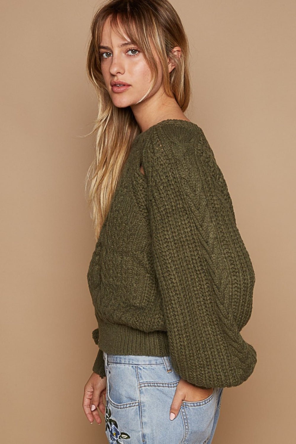 POLCable Knit Cutout Long Sleeve Sweater in Dried Olive