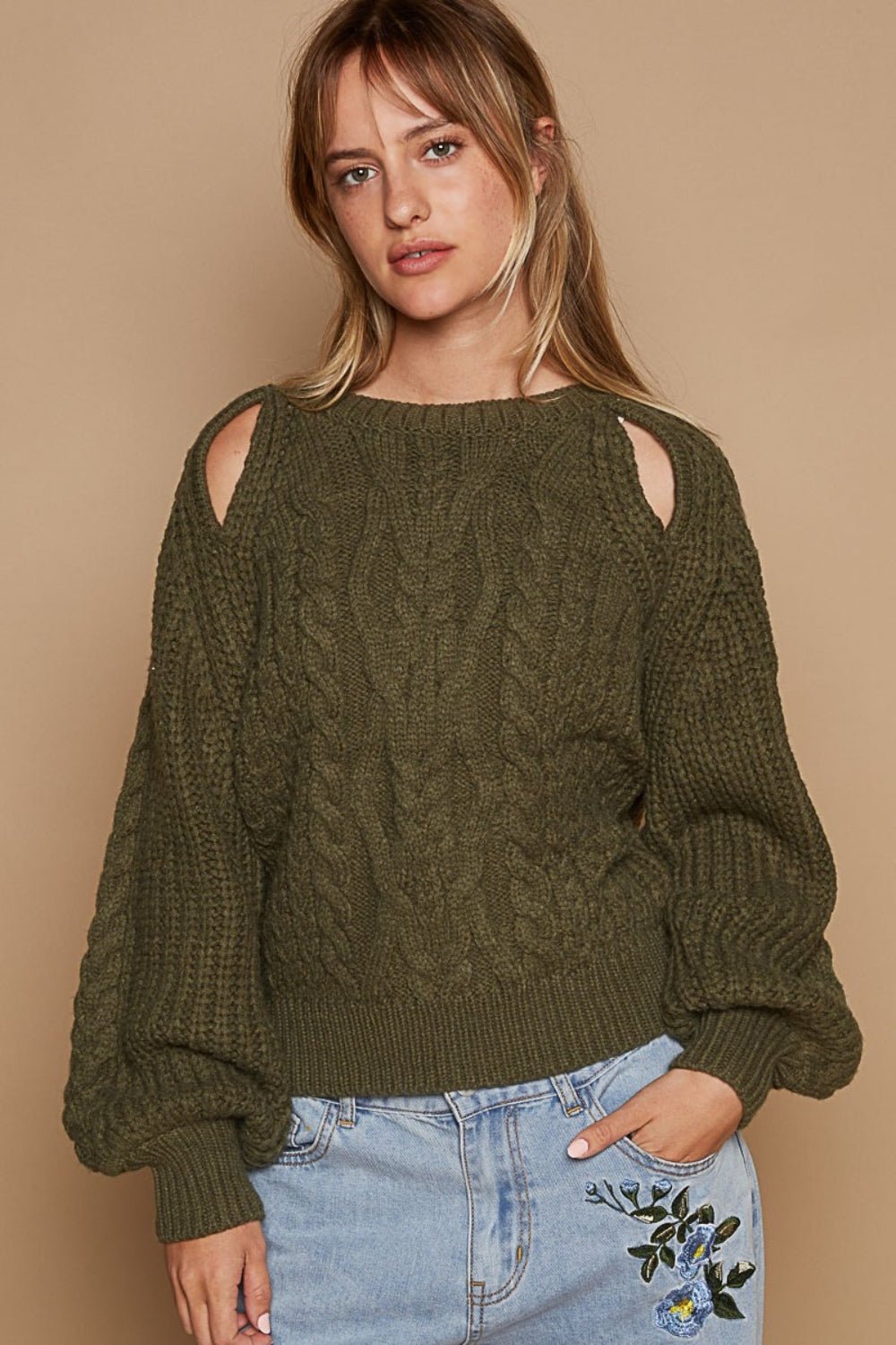 POLCable Knit Cutout Long Sleeve Sweater in Dried Olive