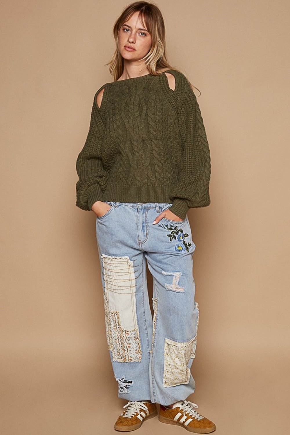 POLCable Knit Cutout Long Sleeve Sweater in Dried Olive