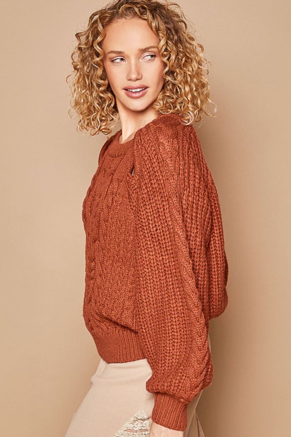 POLCable Knit Cutout Long Sleeve Sweater in Fired Brick