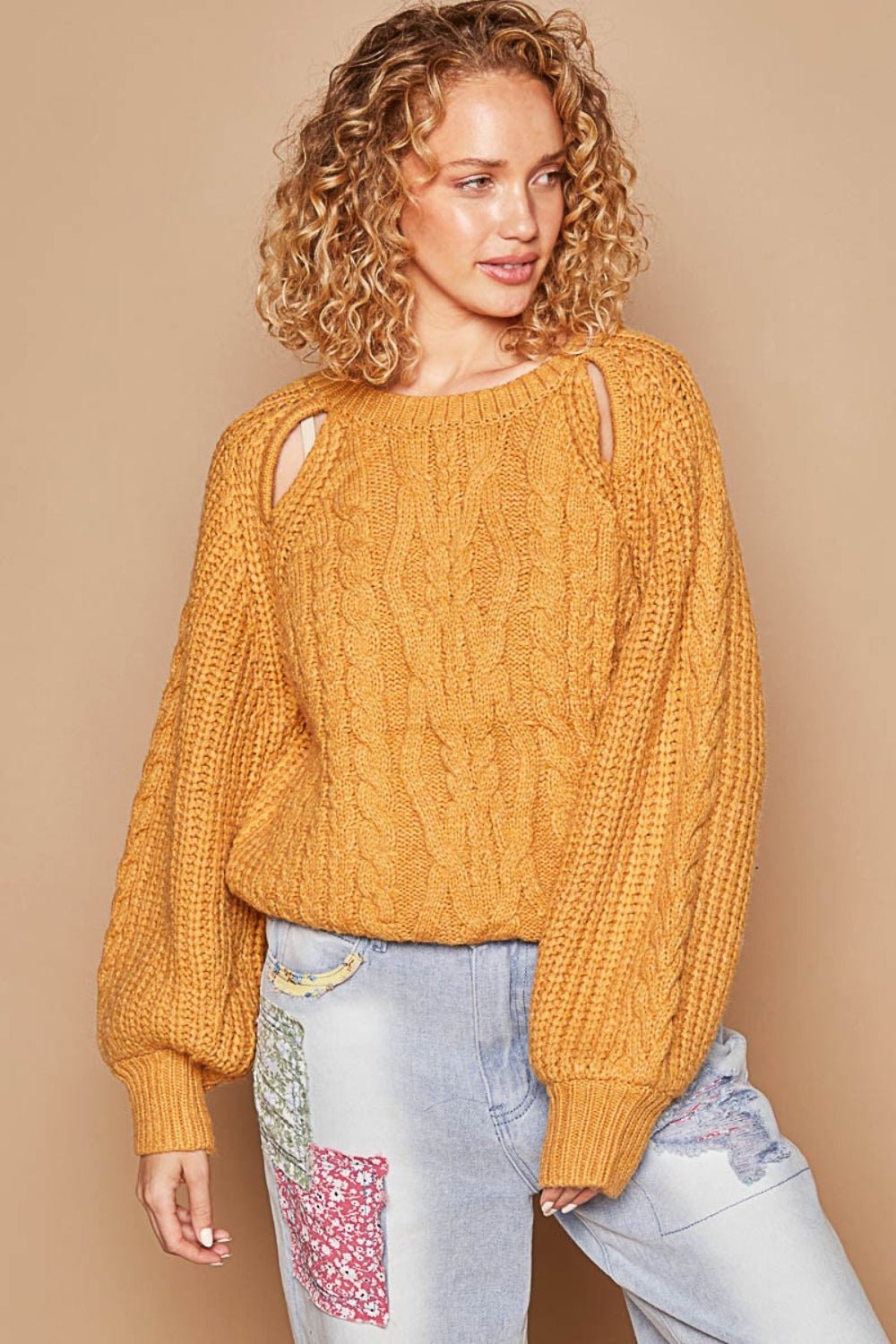 POLCable Knit Cutout Long Sleeve Sweater in Honey Mustard