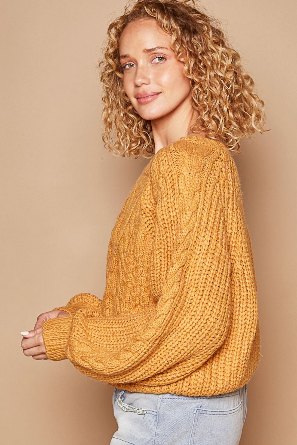 POLCable Knit Cutout Long Sleeve Sweater in Honey Mustard