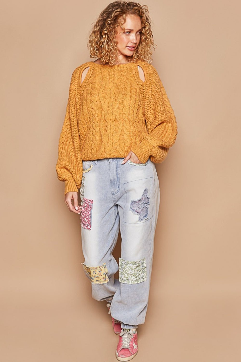 POLCable Knit Cutout Long Sleeve Sweater in Honey Mustard