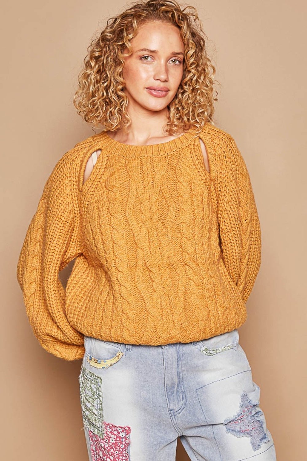 POLCable Knit Cutout Long Sleeve Sweater in Honey Mustard