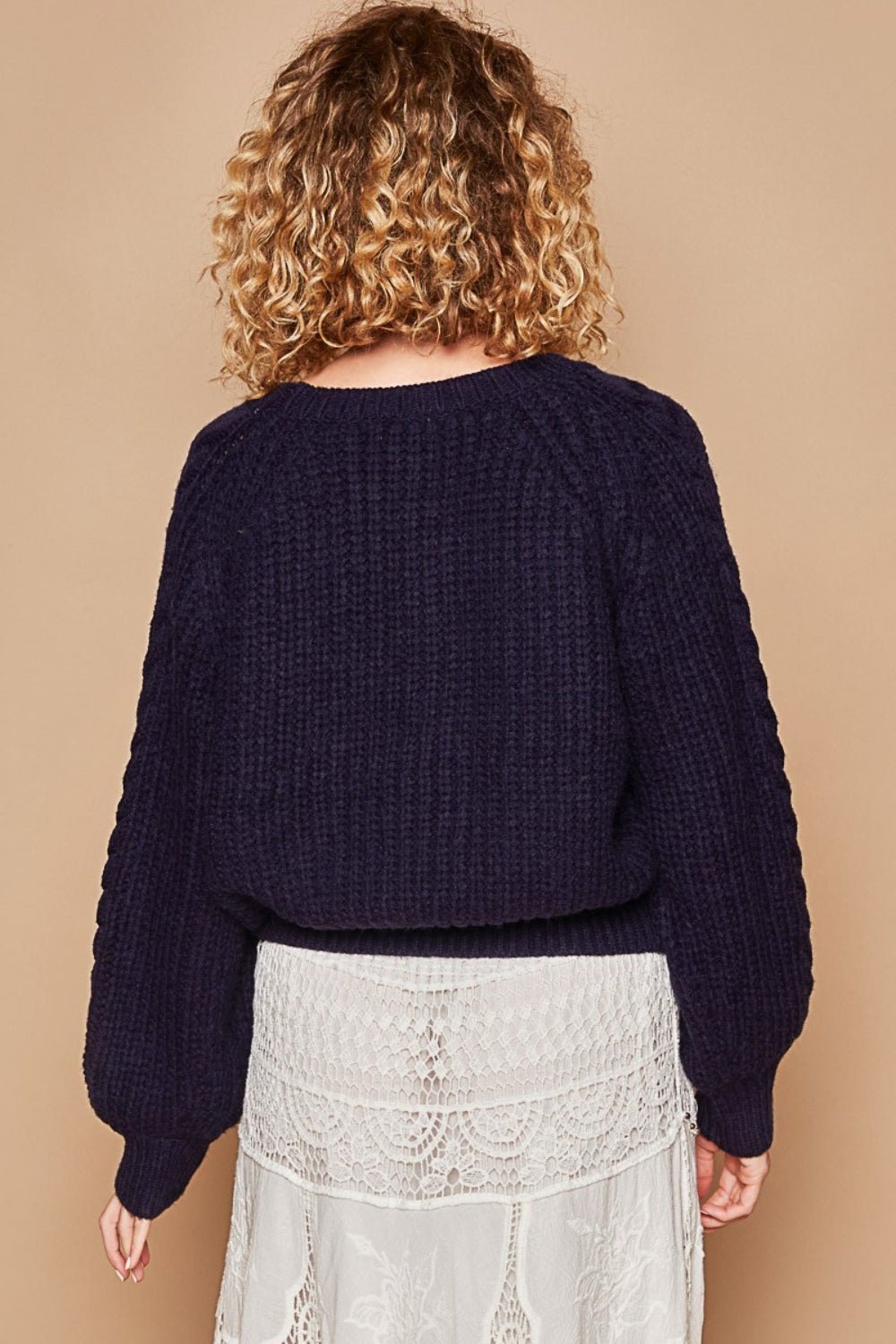 POLCable Knit Cutout Long Sleeve Sweater in Navy