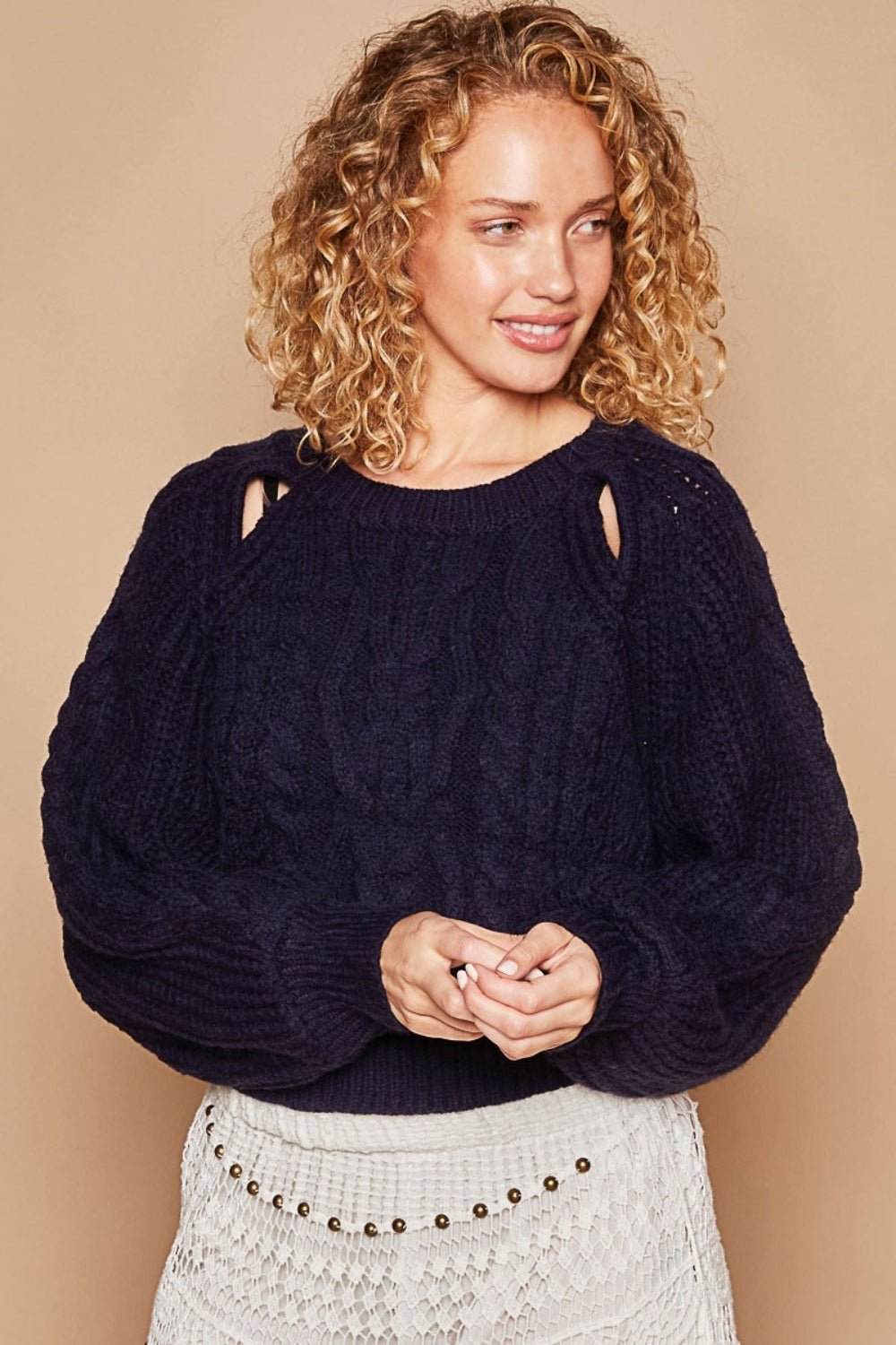 POLCable Knit Cutout Long Sleeve Sweater in Navy