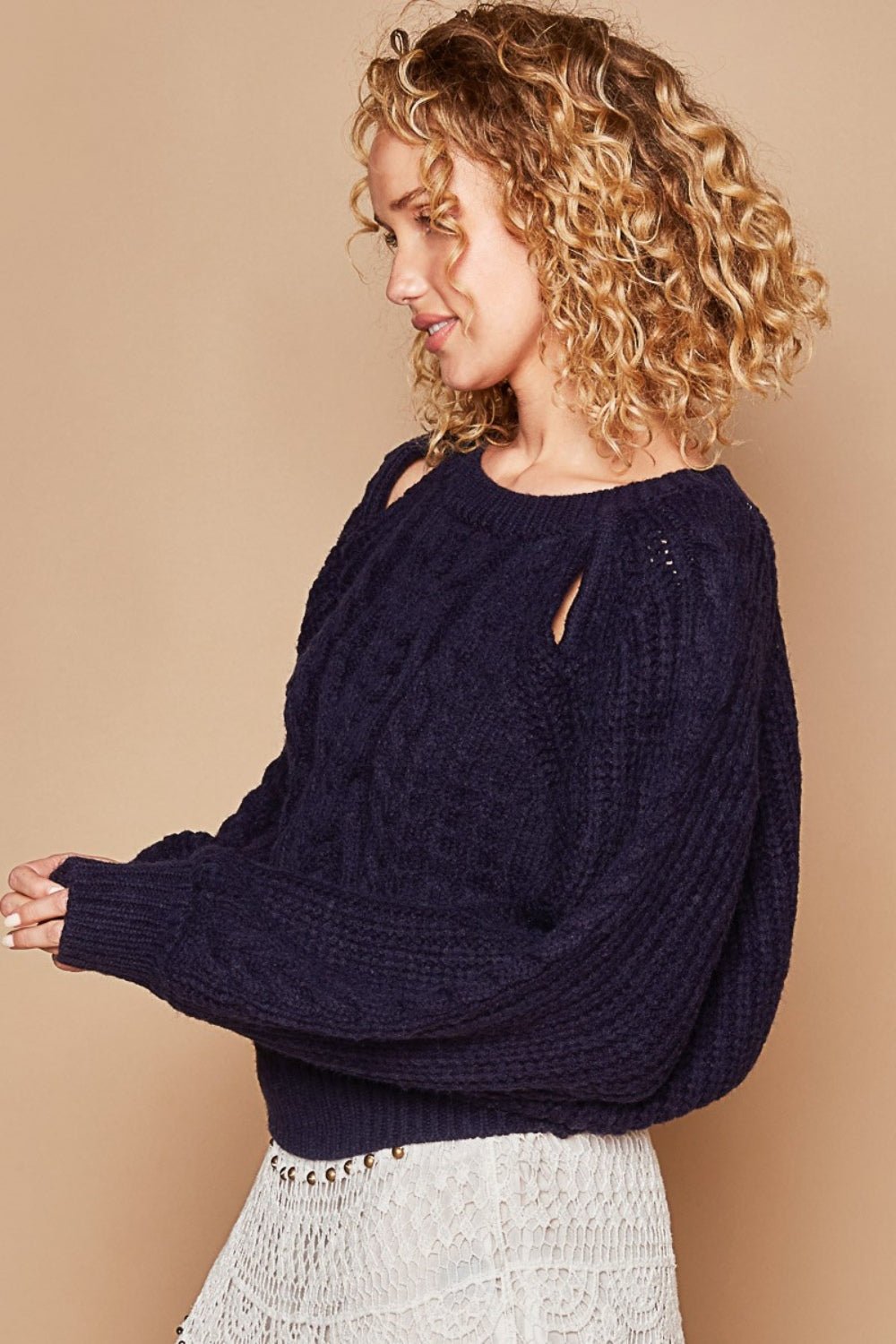 POLCable Knit Cutout Long Sleeve Sweater in Navy