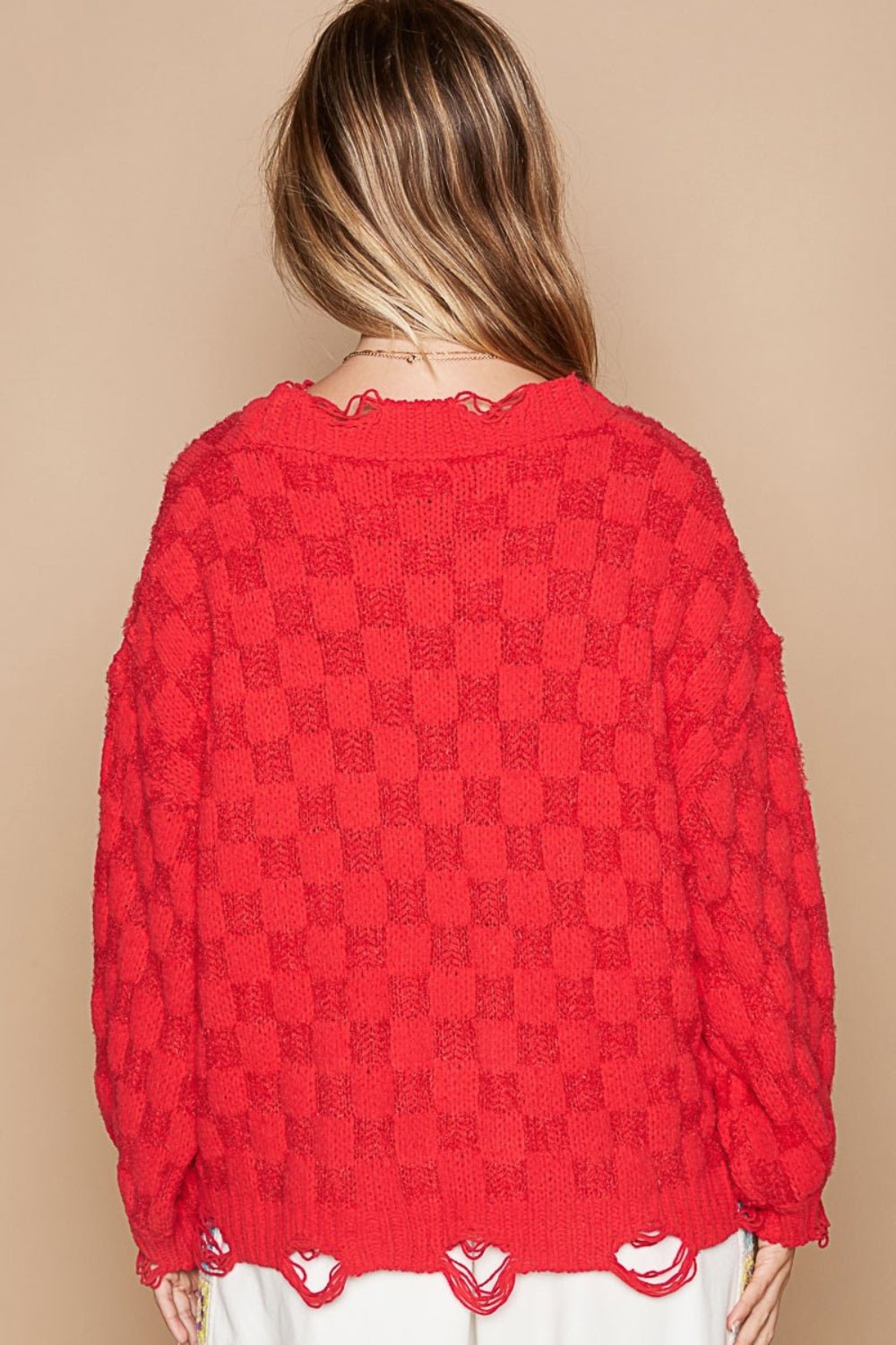 POLCheckered Distressed Edge Sweater in Candy Apple