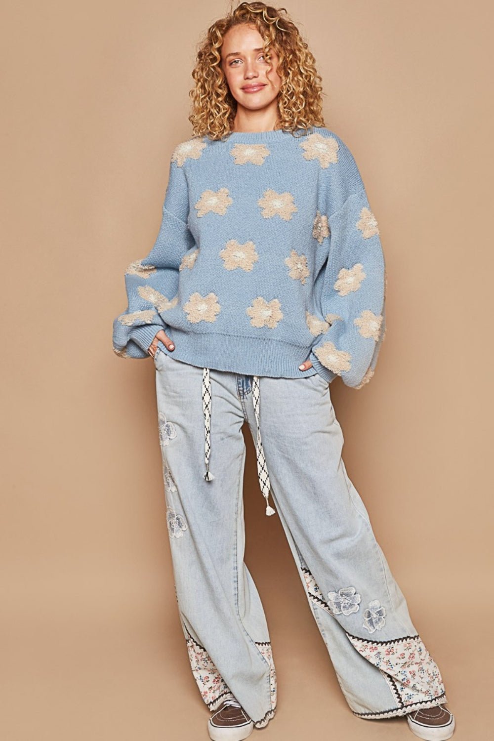 POLDaisy Pattern Drop Shoulder Sweater in Cornflower Blue