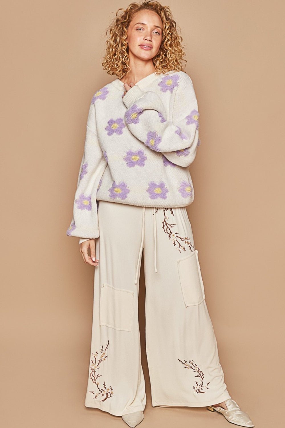 POLDaisy Pattern Drop Shoulder Sweater in Cream