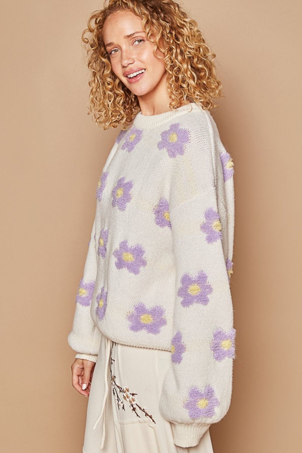 POLDaisy Pattern Drop Shoulder Sweater in Cream