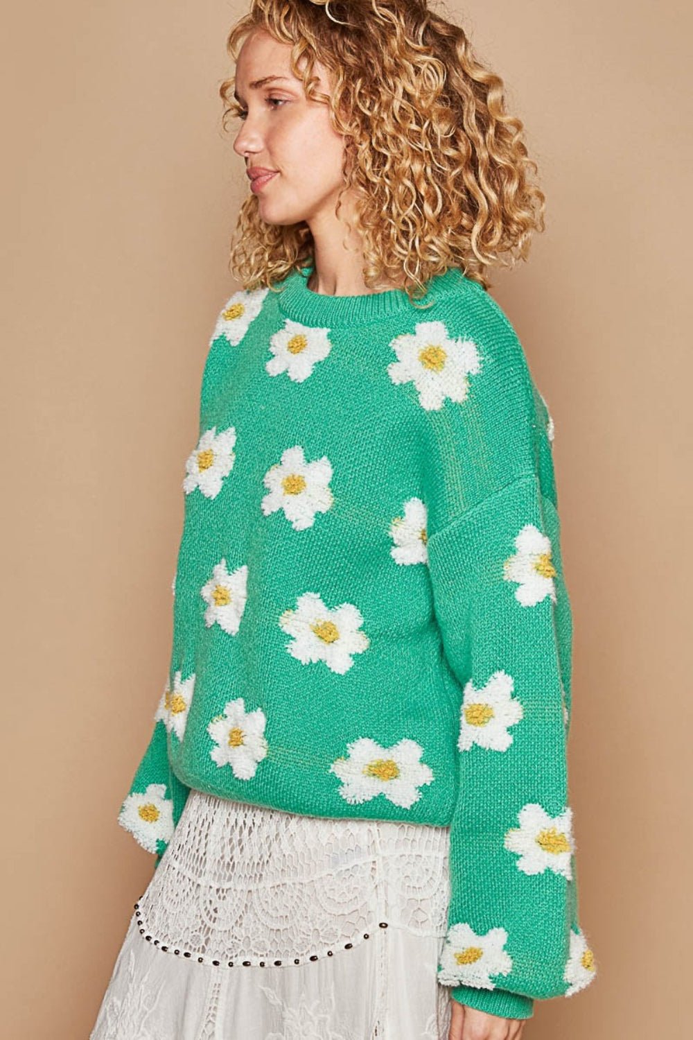 POLDaisy Pattern Drop Shoulder Sweater in Shamrock