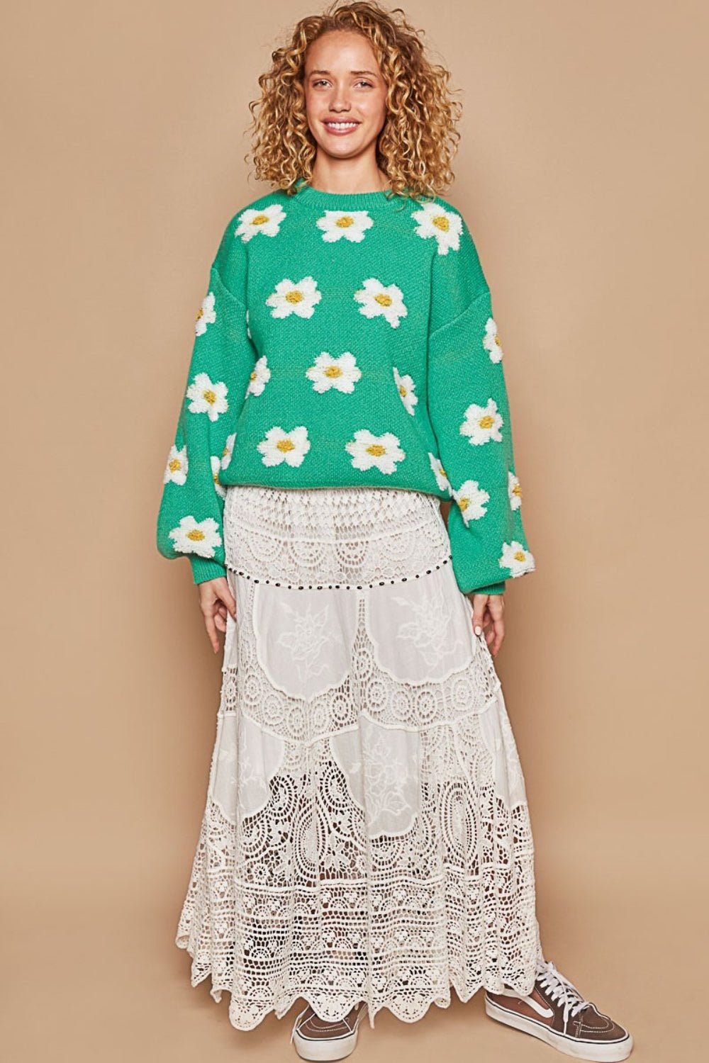 POLDaisy Pattern Drop Shoulder Sweater in Shamrock