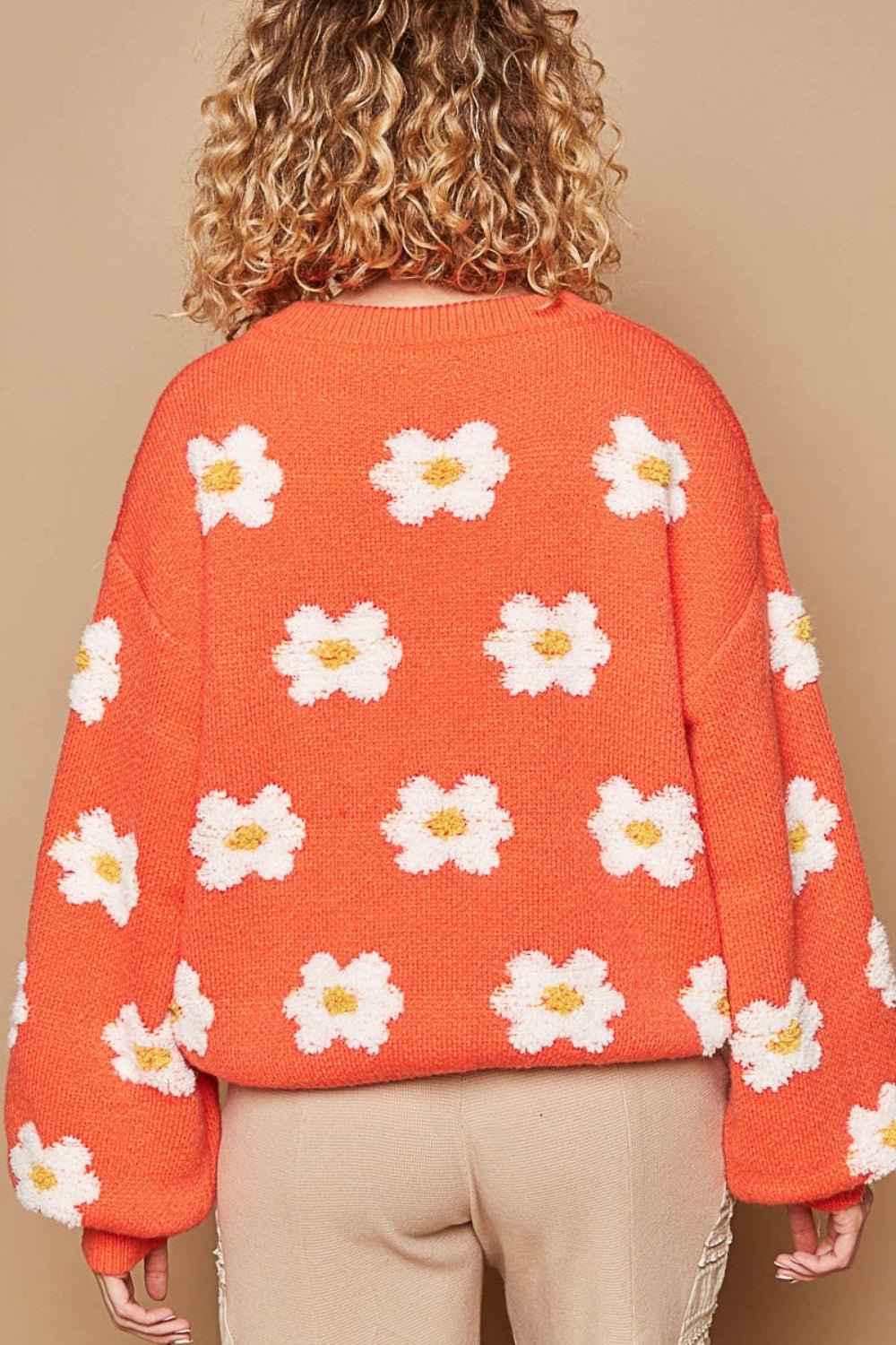 POLDaisy Pattern Drop Shoulder Sweater in Sun Orange