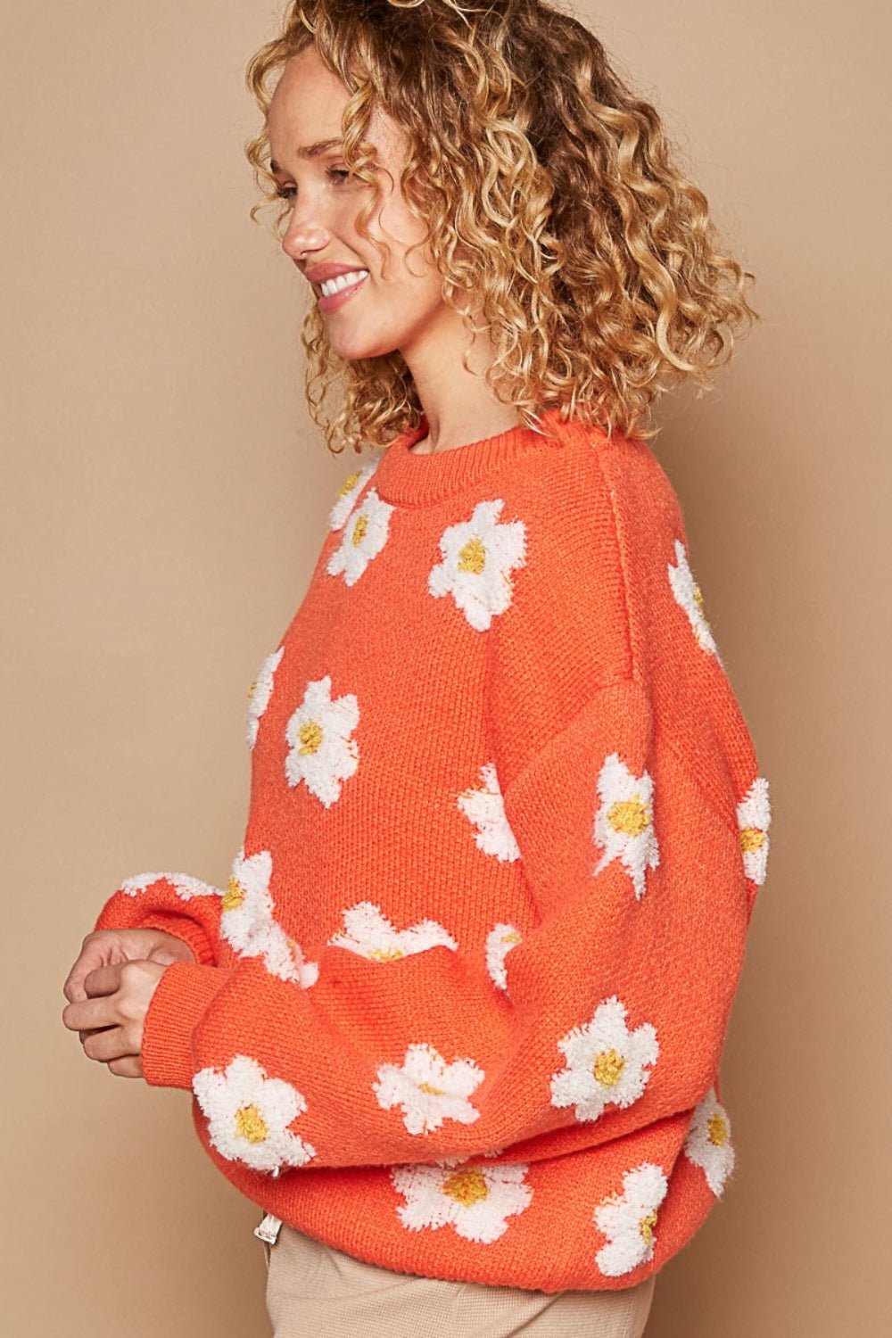 POLDaisy Pattern Drop Shoulder Sweater in Sun Orange