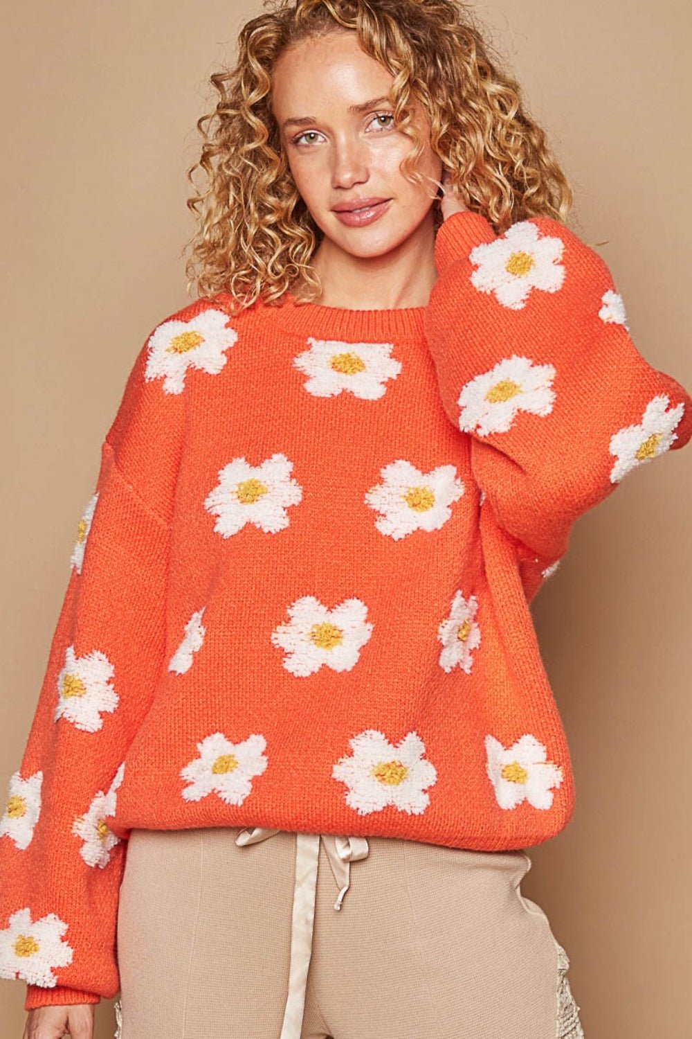 POLDaisy Pattern Drop Shoulder Sweater in Sun Orange