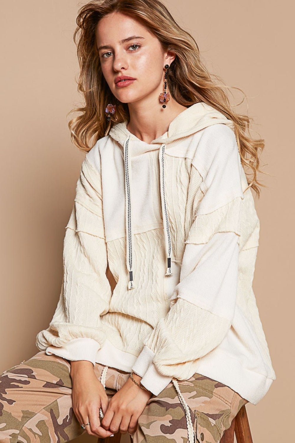 POLExposed Seam Hooded Knit Top in Cream