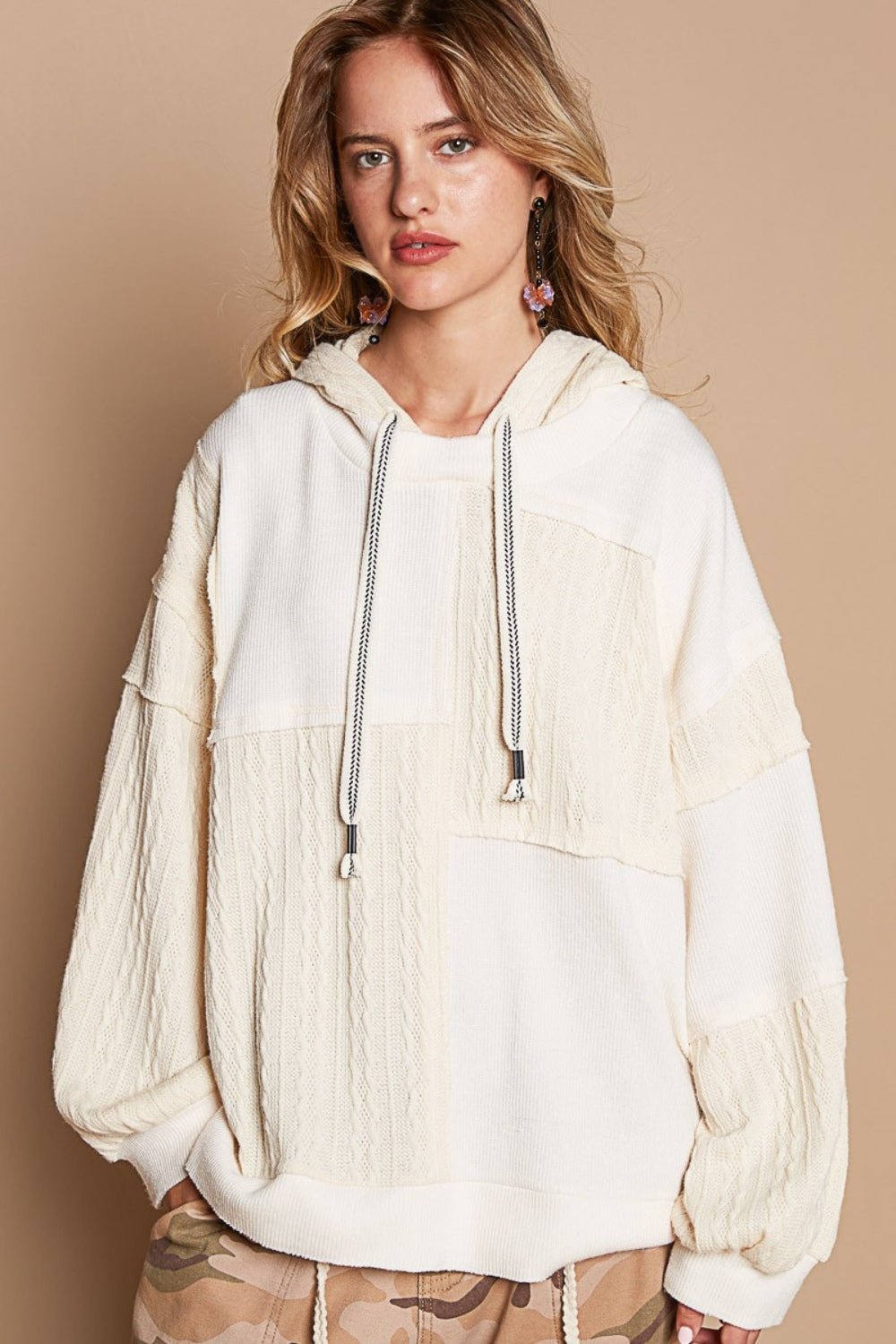 POLExposed Seam Hooded Knit Top in Cream