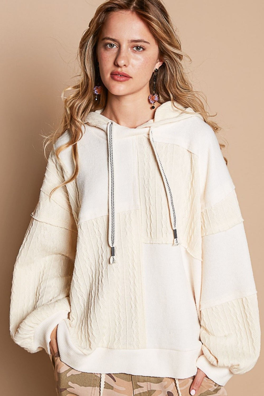 POLExposed Seam Hooded Knit Top in Cream