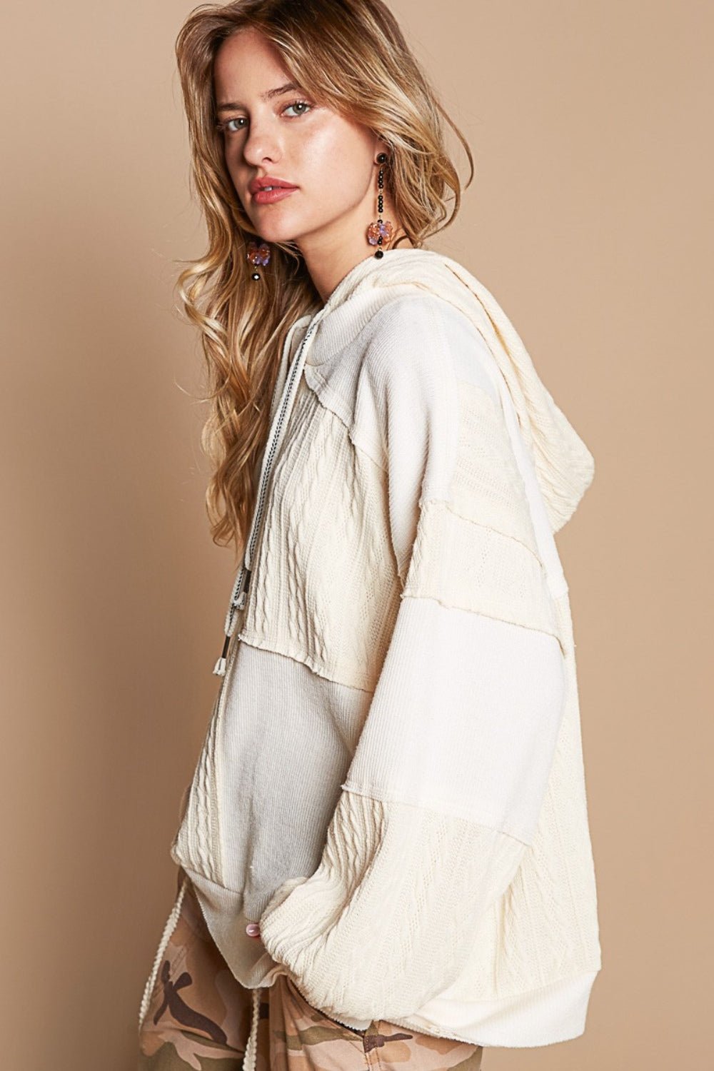 POLExposed Seam Hooded Knit Top in Cream