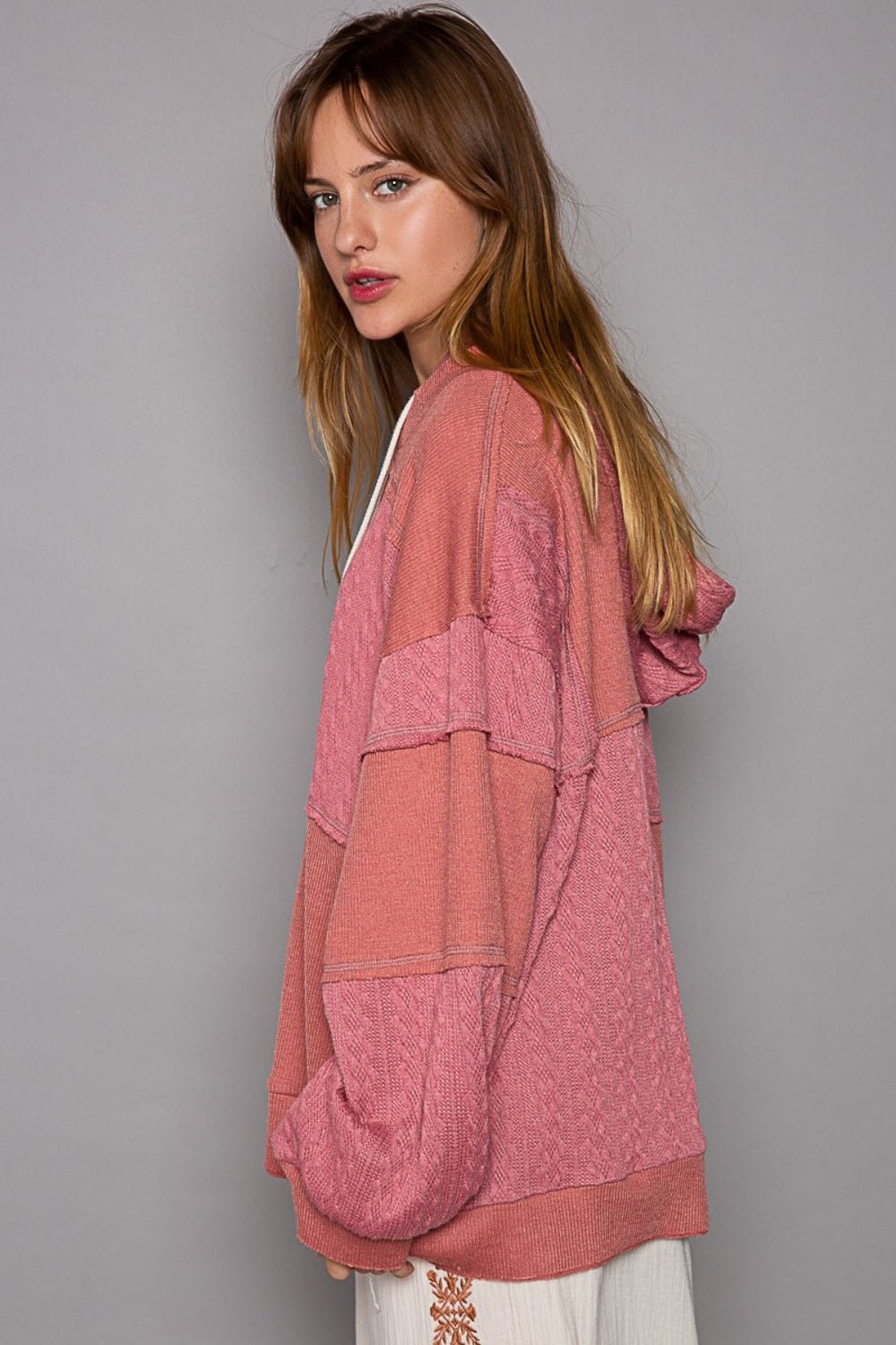 POLExposed Seam Hooded Knit Top in Mauve