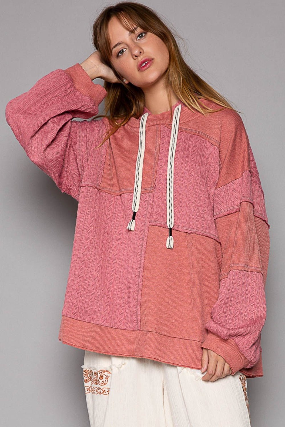 POLExposed Seam Hooded Knit Top in Mauve