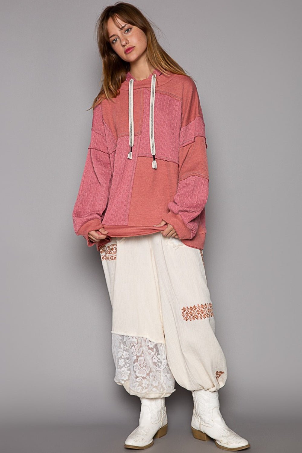 POLExposed Seam Hooded Knit Top in Mauve