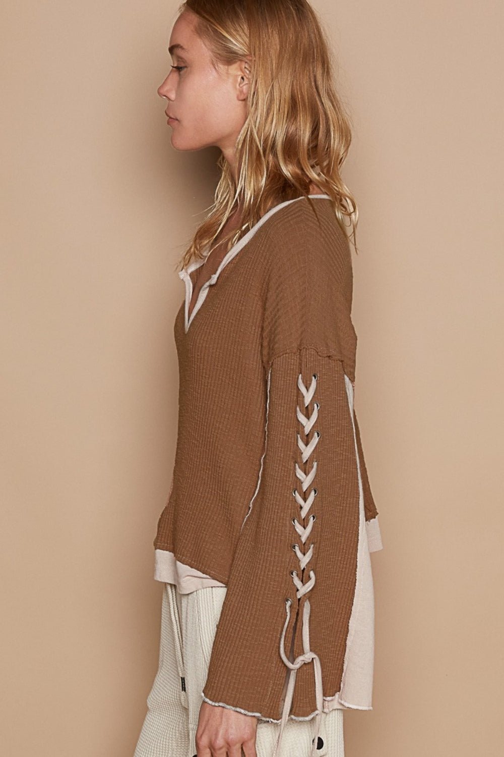 POLLace - Up Sleeve Color Block Rib Knit Top in Milk Chocolate