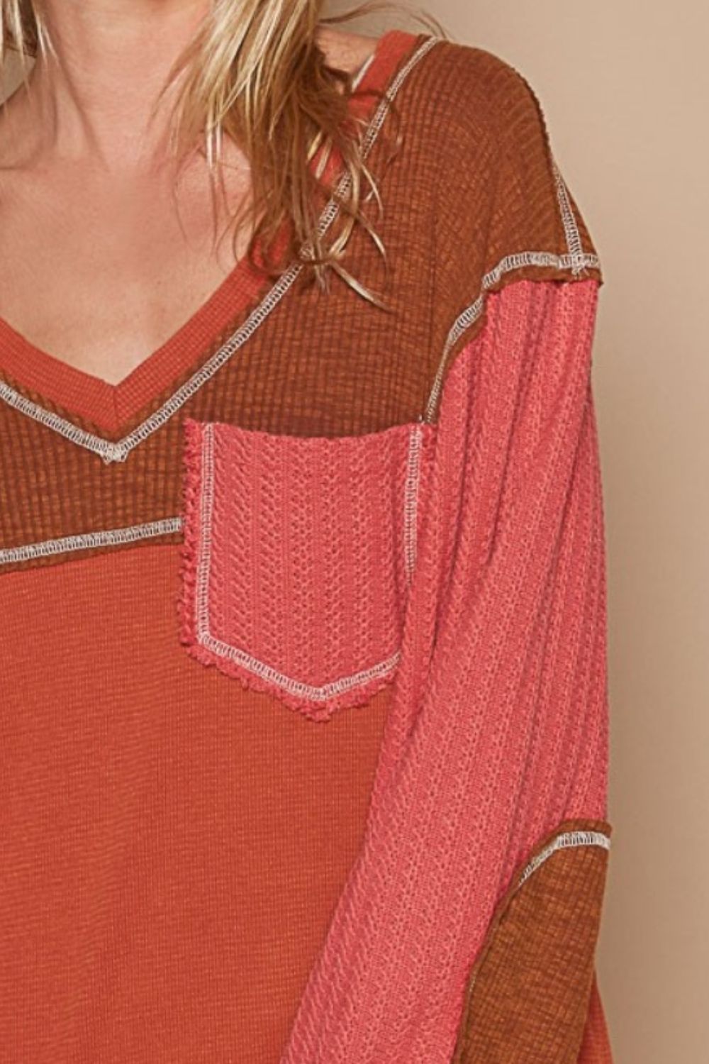 POLV - Neck Knit Panel Exposed Seams Top in Brick