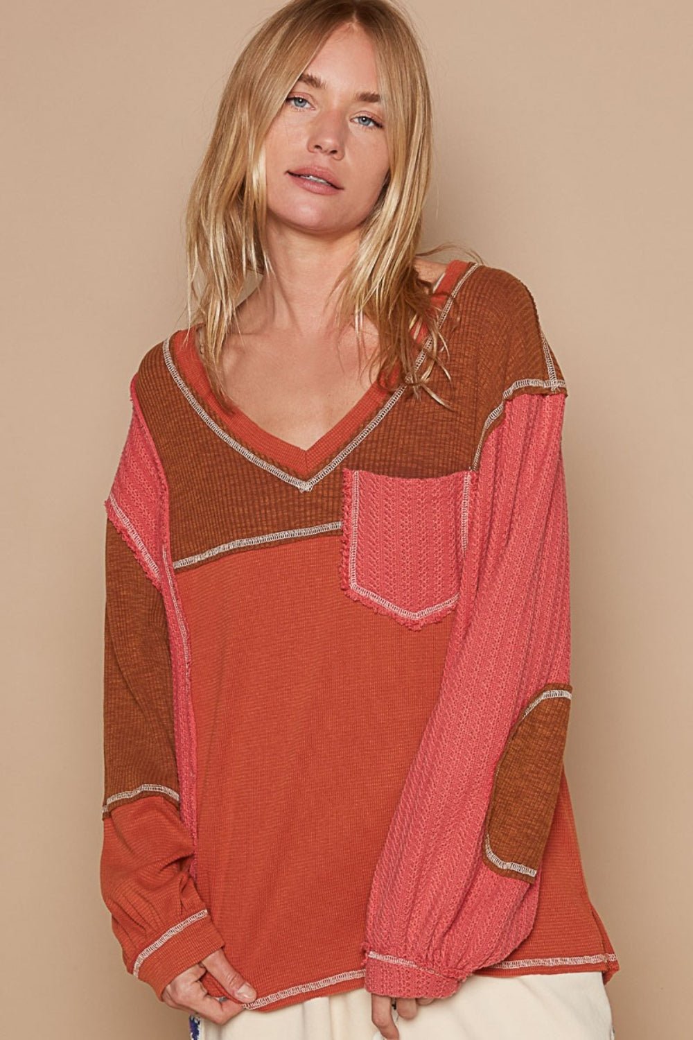 POLV - Neck Knit Panel Exposed Seams Top in Brick