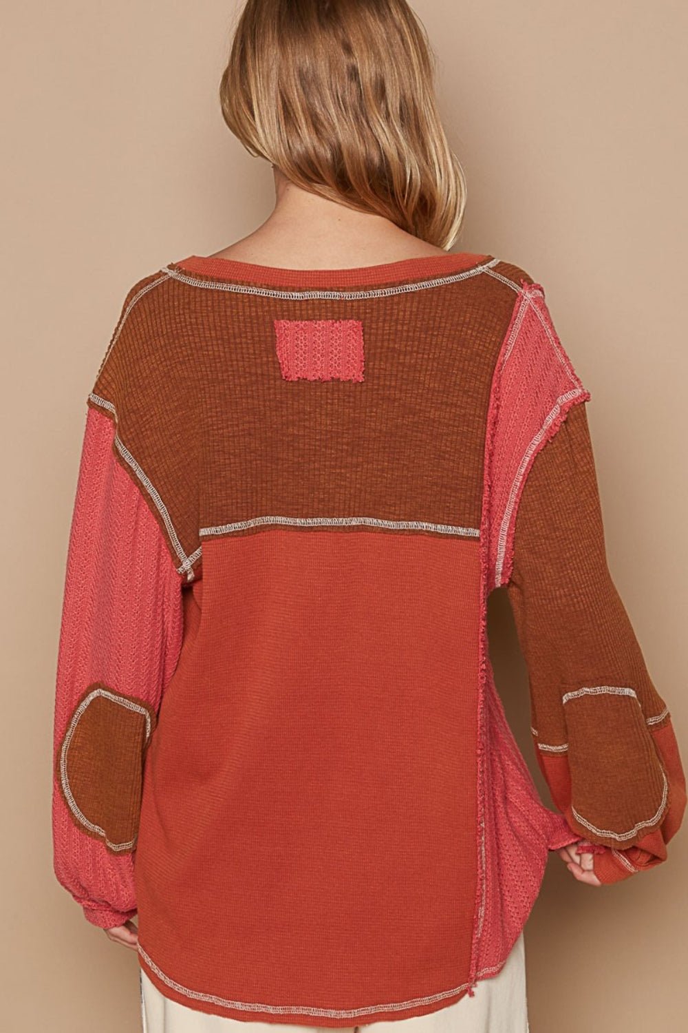 POLV - Neck Knit Panel Exposed Seams Top in Brick