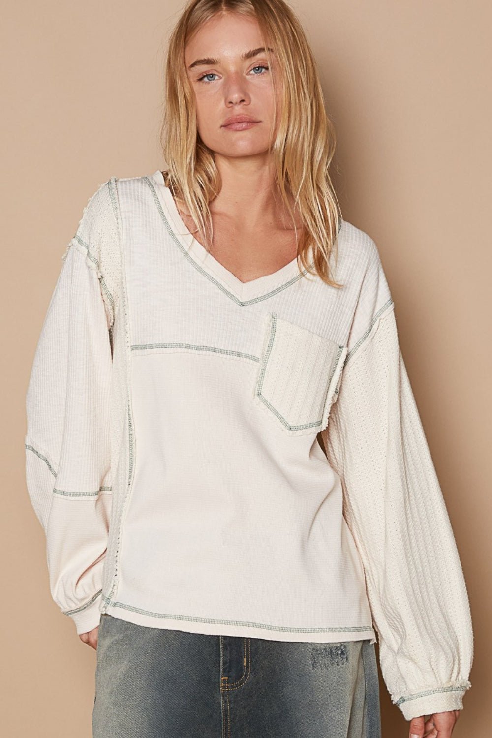 POLV - Neck Knit Panel Exposed Seams Top in Cream