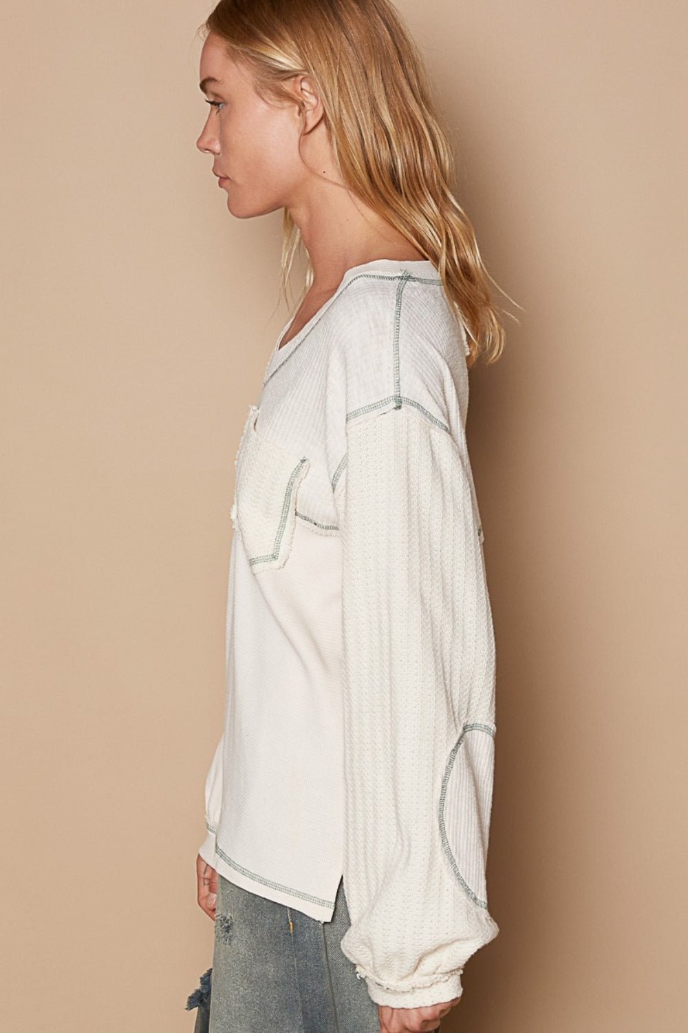 POLV - Neck Knit Panel Exposed Seams Top in Cream