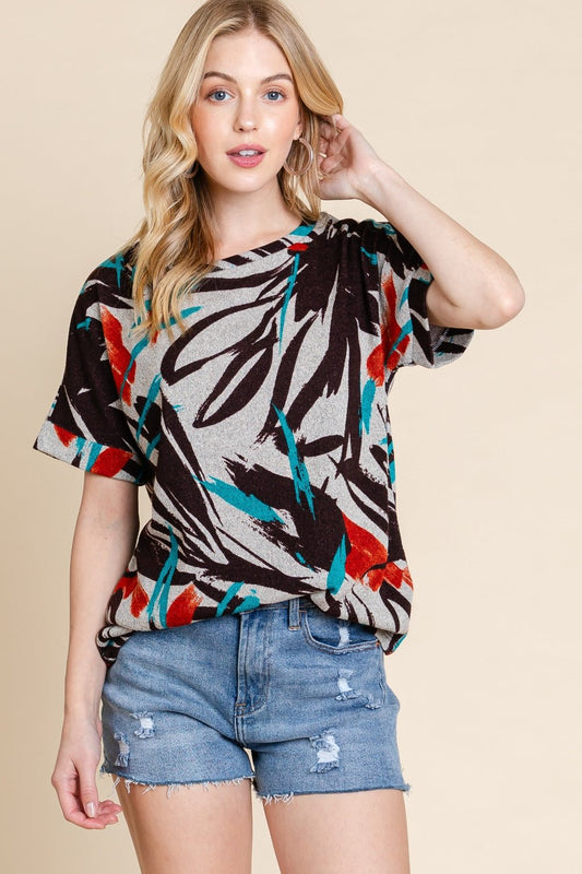 Printed Crew Neck Short Sleeve T-Shirt in TealT-ShirtBOMBOM