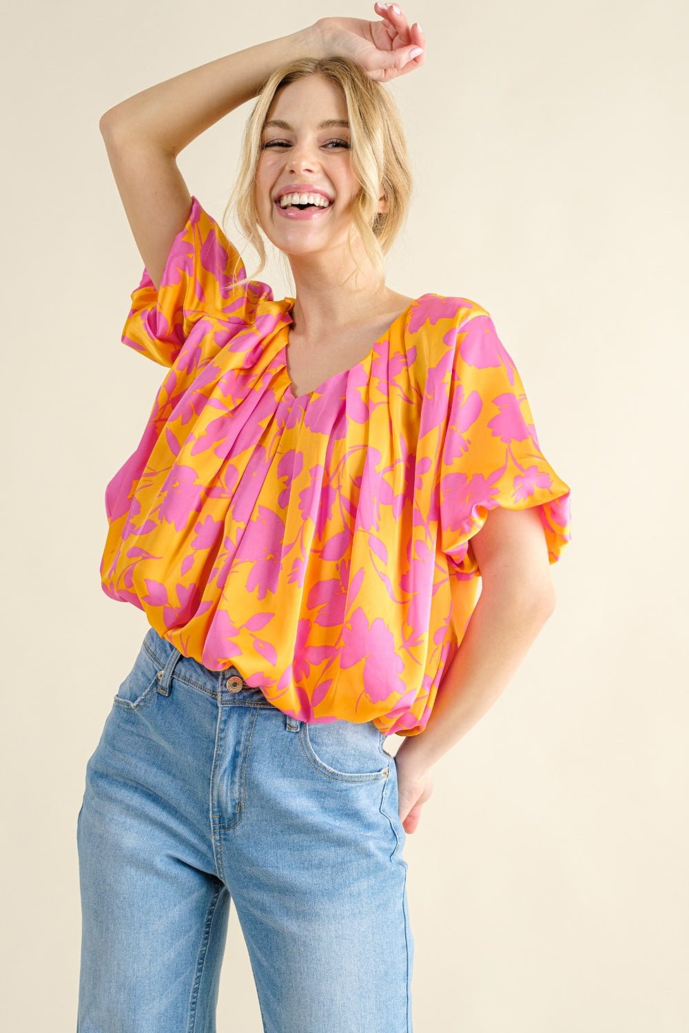 Printed Satin Bubble Hem Top in CitrusTopAnd the Why