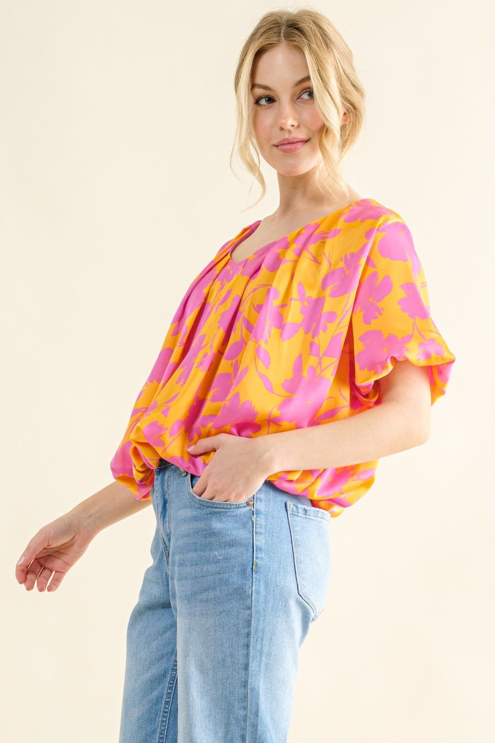 Printed Satin Bubble Hem Top in CitrusTopAnd the Why