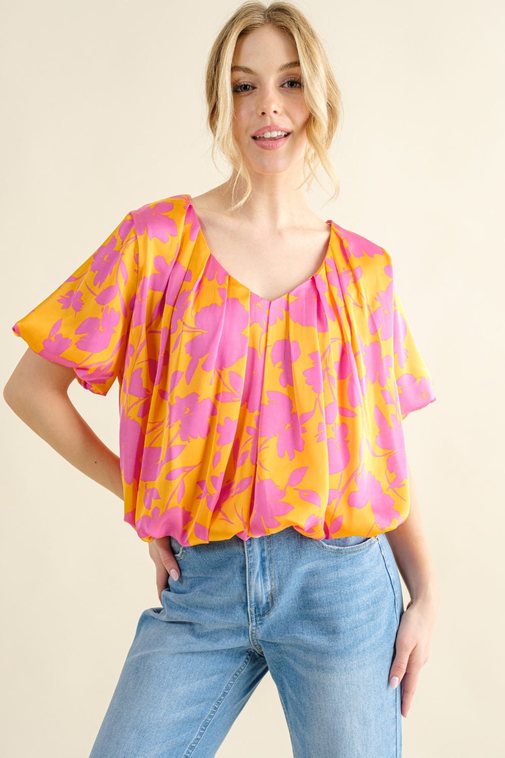 Printed Satin Bubble Hem Top in CitrusTopAnd the Why