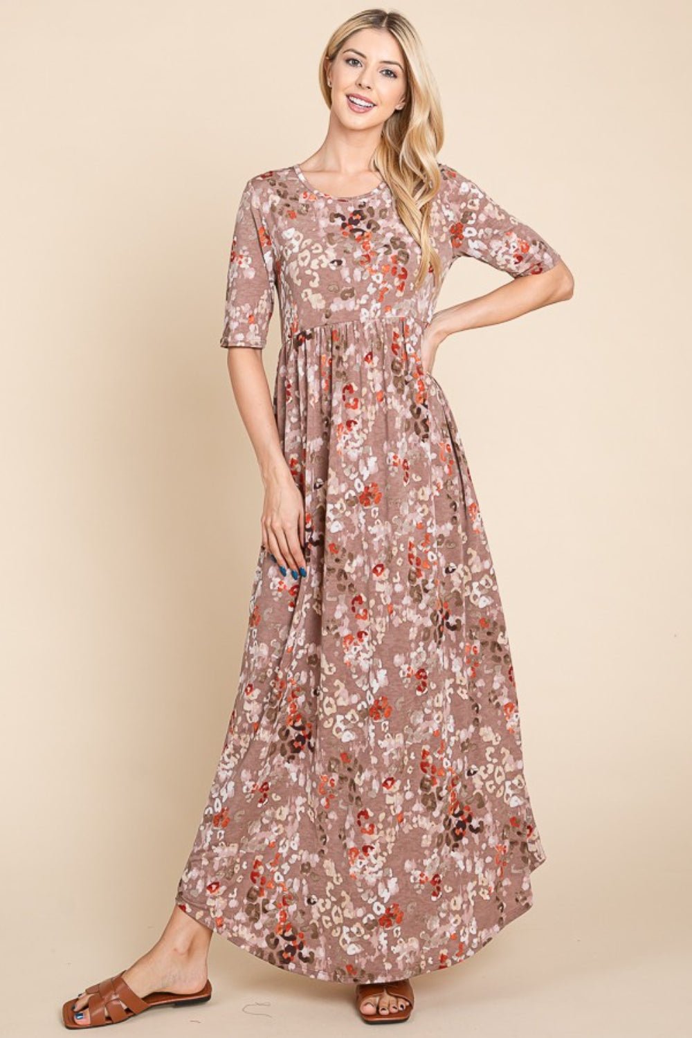 Printed Shirred Maxi Dress in MochaMaxi DressBOMBOM