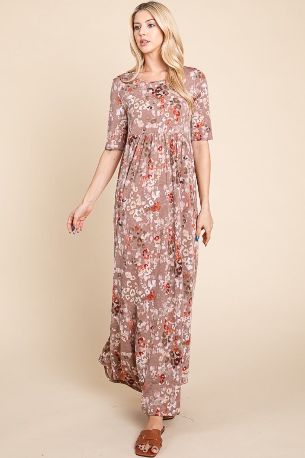 Printed Shirred Maxi Dress in MochaMaxi DressBOMBOM