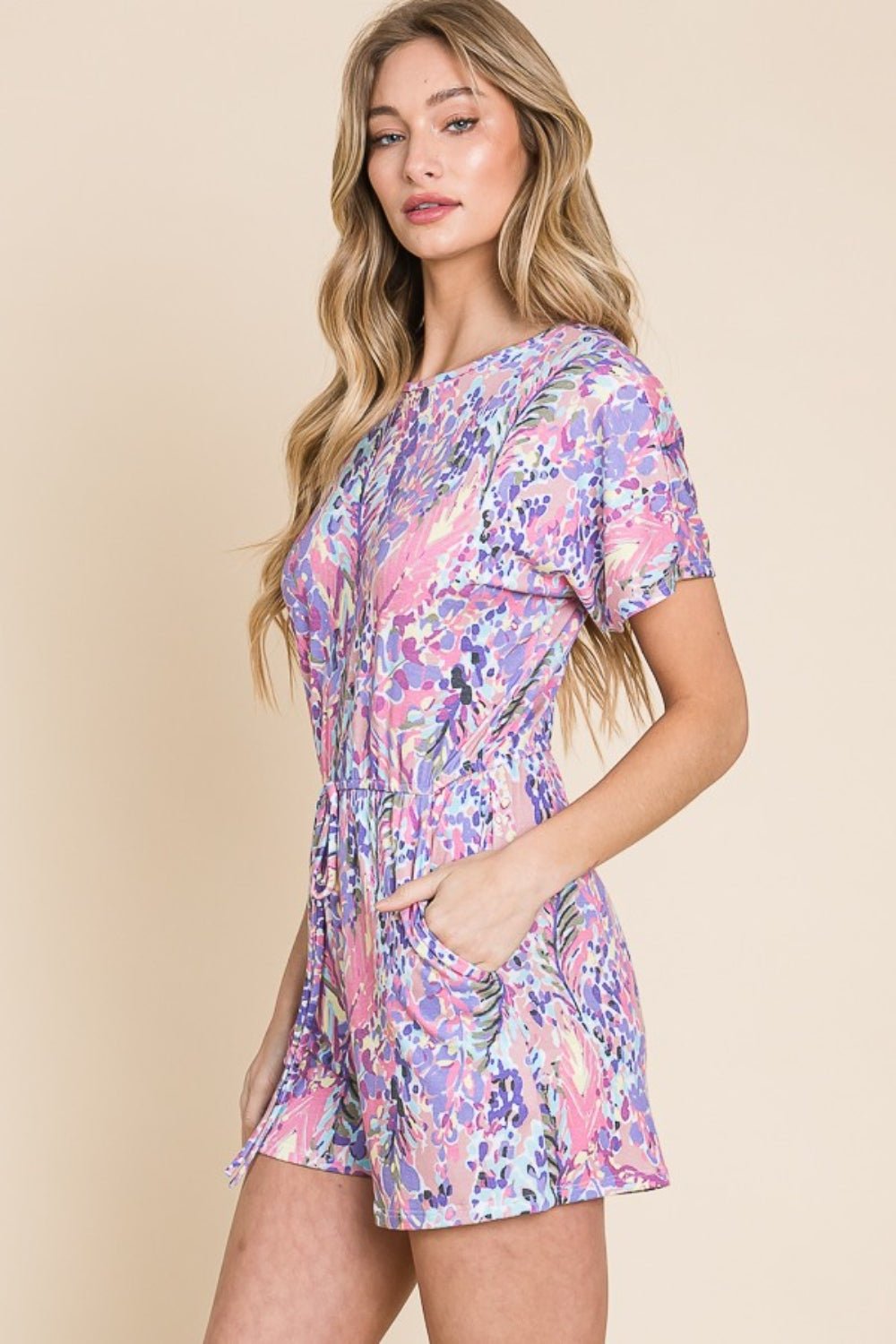 Printed Short Sleeve Romper with Pockets in PlumRomperBOMBOM